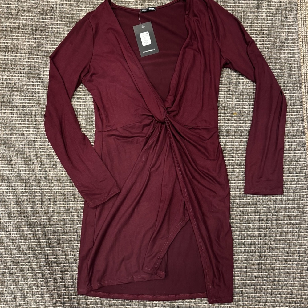 Fashion Nova Red Bodycon Midi Dress with Plunge Neckline